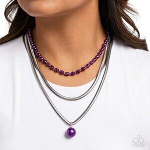 Purple pearl and silver multi strand chain necklace
